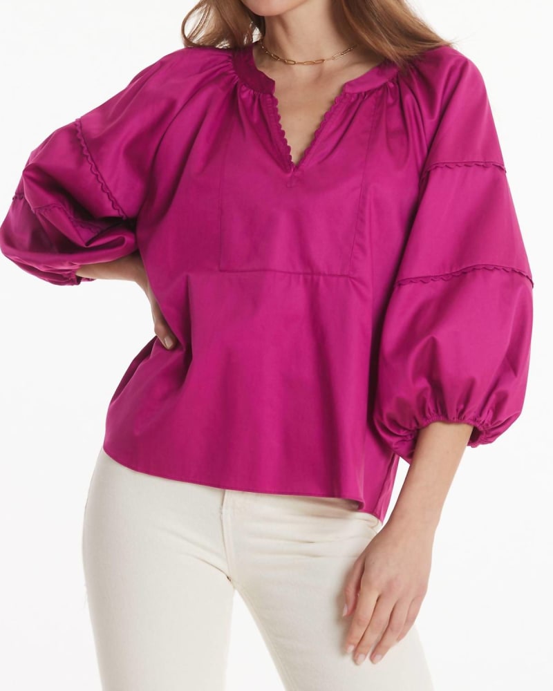 Front of a model wearing a size L Molly Cotton Solid Top in Bougainvillea in Bougainvillea by Tyler Boe. | dia_product_style_image_id:334521